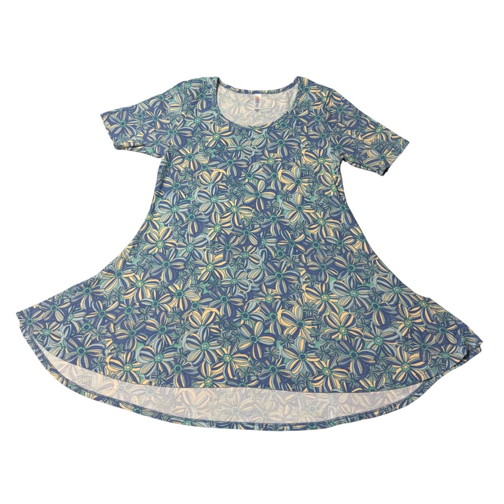 LuLaRoe Perfect T Floral Tunic Top Blue Yellow Short Sleeve XXS NWT 70s Inspo